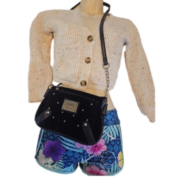 Nicole Miller Suzie bag Quilted studded & chained Navy Velvet Mini crossbody - Picture 5 of 17